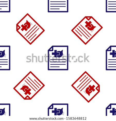 Blue and red Medical certificate for travel with dog or cat icon isolated seamless pattern on white background. Document for pet.  