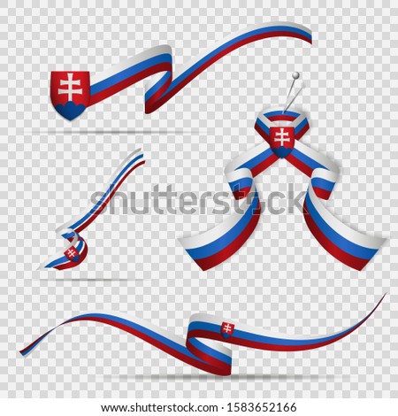 Flag of Slovakia. 17th of July. Set of realistic wavy ribbons in colors of slovak flag on transparent background. Coat of arms. Independence day. Patriarchal cross. Vector illustration.