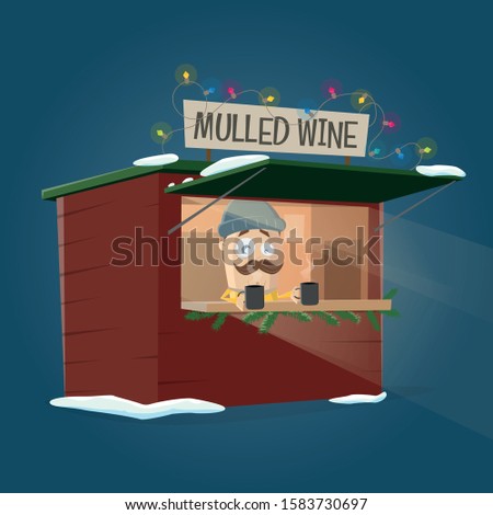 Funny cartoon illustration of a man selling mulled wine