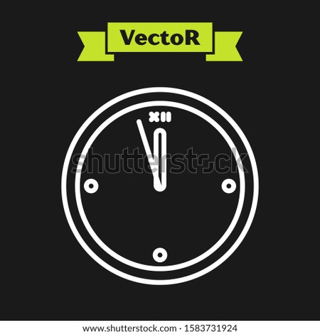 White line Clock icon isolated on black background. Time symbol. Merry Christmas and Happy New Year.  Vector Illustration