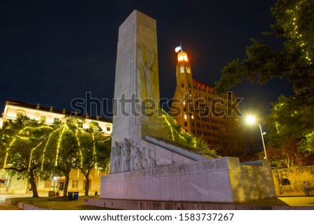 Alamo Cenotaph Monument on Alamo Plaza at night in San Antonio, Texas, USA.