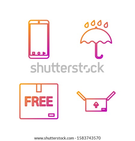 Set line Cardboard box with traffic symbol , Cardboard box with free symbol , Mobile phone with app delivery tracking and Umbrella and rain drops . Gradient color icons. Vector