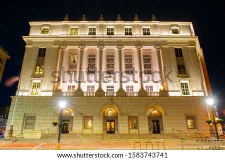 United States Post Office and Court House on Alamo Plaza at night in San Antonio, Texas, USA.