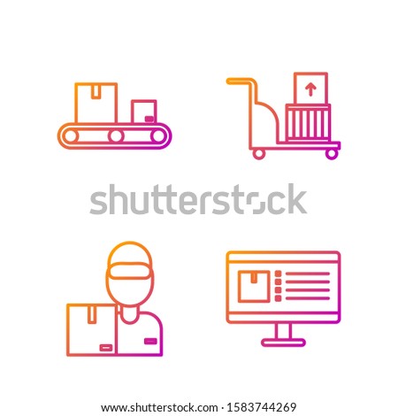Set line Computer monitor with app delivery tracking , Delivery man with cardboard boxes , Conveyor belt with cardboard box  and Electric hand truck and boxes . Gradient color icons. Vector