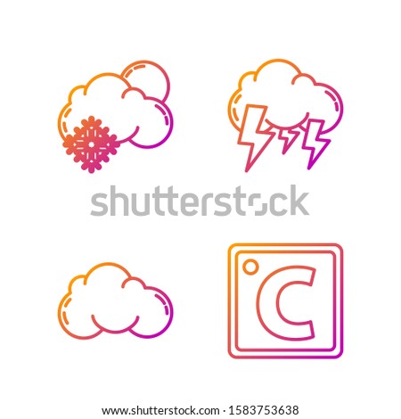 Set line Celsius, Cloud, Cloud with snow and sun and Storm. Gradient color icons. Vector