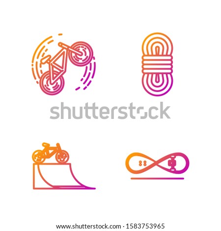 Set line Skateboard trick, Bicycle on street ramp, Bicycle trick and Climber rope. Gradient color icons. Vector