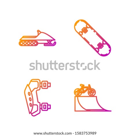 Set line Bicycle on street ramp, Knee pads, Snowmobile and Skateboard trick. Gradient color icons. Vector