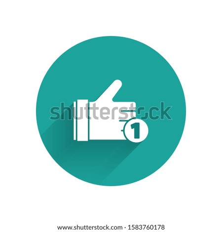 White Hand like icon isolated with long shadow. Green circle button. Vector Illustration