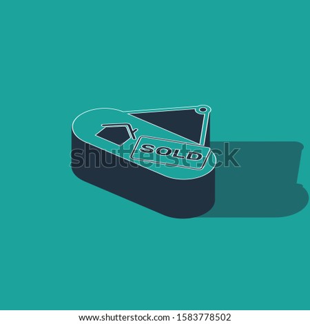 Isometric Hanging sign with text Sold icon isolated on green background. Sold sticker. Sold signboard.  Vector Illustration