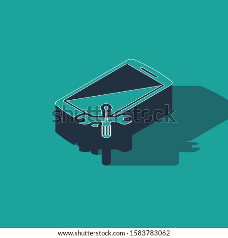 Isometric Smartphone with screwdriver and wrench icon isolated on green background. Adjusting, service, setting, maintenance, repair, fixing.  Vector Illustration