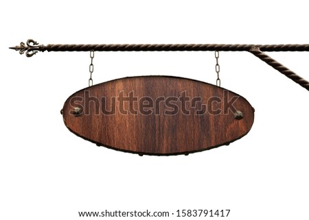 Oval wooden signboard. An old oval shop sign without text hangs on a wrought iron structure. Template is isolated on white. Blank for creativity and design.