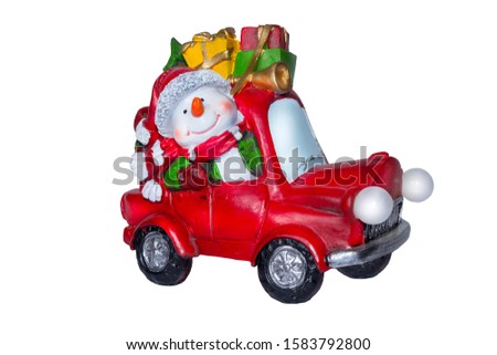 Toy snowman on vintage cars with gifts isolated on white background. Christmas decorations