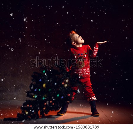 little boy in a red knitted suit with a picture of a Christmas deer, holds a Christmas tree in one hand and the second tries to catch snowflakes