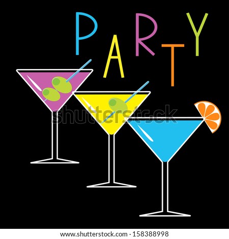 Set of three glasses with different cocktails. Black background. Cocktail party card. Vector illustration