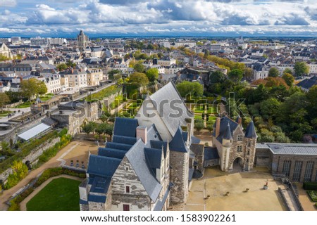Aerial panoramic view of the famous Angers castle (Château d'Angers) 13th century, cathedral, and medieval quarters in the Loire Valley, Western France