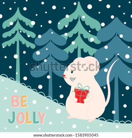 Vector illustration with white mouse for design Christmas card, invitation, print, poster.