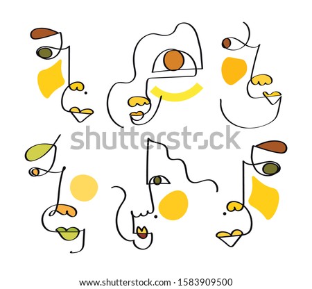 Fine one line drawing abstract two faces. Minimalism art, aesthetic contour. Continuous line couple tribal portrait. Modern vector illustration in the ethnic style