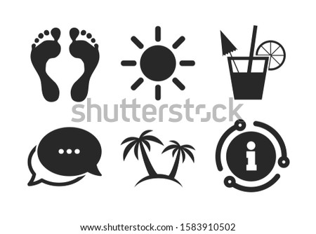 Cocktail, human footprints and palm trees signs. Chat, info sign. Beach holidays icons. Summer sun symbol. Classic style speech bubble icon. Vector