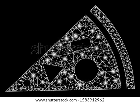 Glossy mesh pizza piece with glitter effect. Abstract illuminated model of pizza piece icon. Shiny wire carcass polygonal network pizza piece. Vector abstraction on a black background.