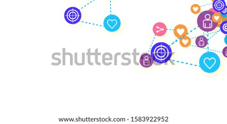 Social media marketing, Communication networking concept. Random icons social media services tags linked on white background. Comment, friend, like, share, target, message. Vector Internet concept.