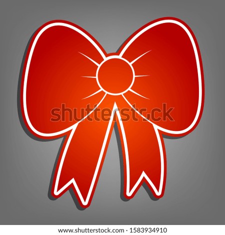 Bow sign illustration. Flat red icon with linear white icon with gray shadow at grayish background. Illustration.