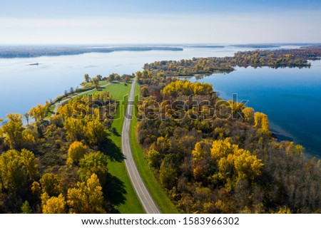 Autumn aerial view of St.Lawrence Park in the thousand islands, Canada Royalty-Free Stock Photo #1583966302