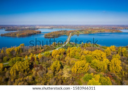Autumn, aerial view of St. Lawrence Park in the thousand islands in Canada