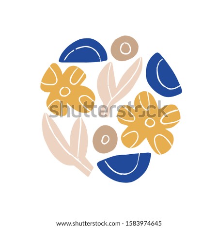 Contemporary round composition hand drawn vector illustration. Colorful modern art style elements in circle shape isolated on white background. Various multicolor abstract drawings, decorative artwork