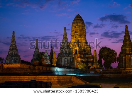 Wat ChaiWattanaram old temple in Ayutthaya at night with light. Ayutthaya twilight. 