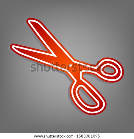 Scissors sign illustration. Flat red icon with linear white icon with gray shadow at grayish background. Illustration.
