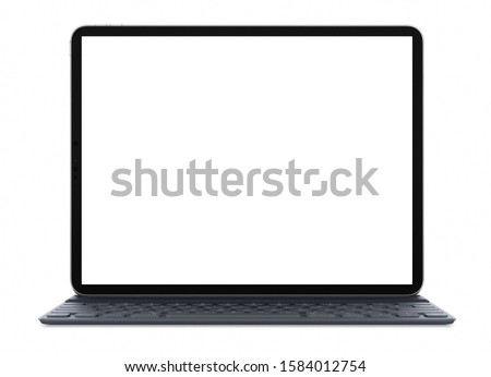 slim  black laptop with white screen on white background