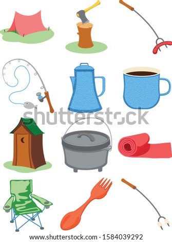 Camping Trip Objects Outdoor Recreation Illustration Vector Clip Art Wilderness Equipment Illustrated Illustrations