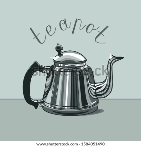 metal teapot with black  handle, vector clip art on gray isolated background with inscription