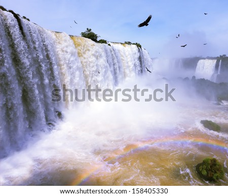 high-water waterfall in the world - Iguazu. White whipped foam of water and a thin mist over the water.  Between a waterfall and a rainbow fly huge Andean condors. The picture is taken by lens Fisheye