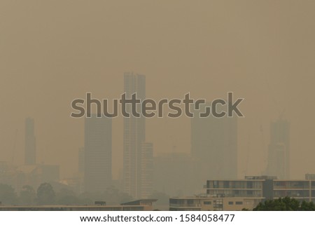 Sydney Bushfire Emergency - Office towers and residential hirise buildings in Parramatta CBD hidden behind thick smoke haze.