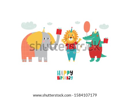 Cute happy birthday card with funny animals. Happy Birthday animas vector print. Cartoon character Elephant, lion, crocodile
