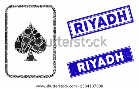 Mosaic spades gambling card icon and rectangular Riyadh watermarks. Flat vector spades gambling card mosaic icon of randomized rotated rectangular items. Blue Riyadh watermarks with corroded texture.