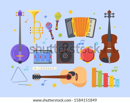 Modern ethnic musical instruments flat illustrations set. Violin, banjo, acoustic guitar. Tambourine, flute, xylophone. Different folk music equipment collection isolated on purple background
