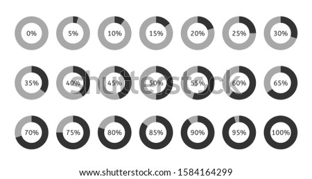 Chart pie with 0 5 10 15 20 25 30 35 40 45 50 55 60 65 70 75 80 85 90 95 100 percent. Percentage circle graph. Vector graphic statistic for presentation. Round diagram symbol