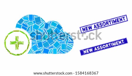 Mosaic add cloud pictogram and rectangular New Assortiment rubber prints. Flat vector add cloud mosaic pictogram of random rotated rectangular items.