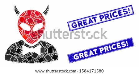 Mosaic devil icon and rectangular Great Prices! seals. Flat vector devil mosaic icon of randomized rotated rectangular elements. Blue Great Prices! rubber stamps with rubber texture.