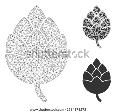 Mesh hop bud model with triangle mosaic icon. Wire frame polygonal mesh of hop bud. Vector mosaic of triangle elements in variable sizes, and color tones. Abstract flat mesh hop bud,