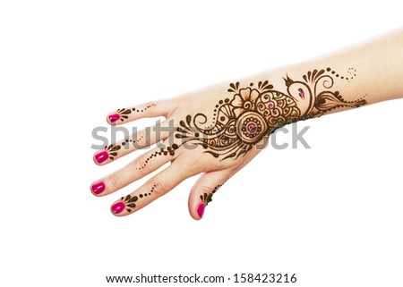 Image detail of henna being applied to hand isolated over white