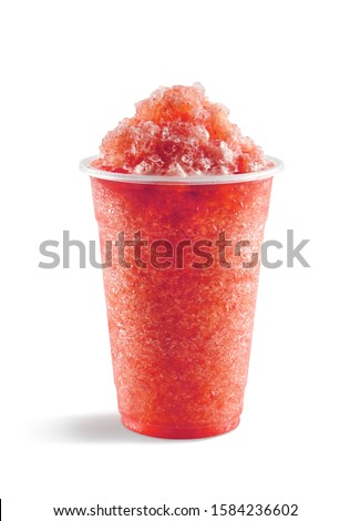 Food photography of strawberry slushie slushy frappe in a plastic cup on a white background