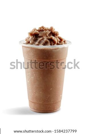 Food photography of chocolate slushie slushy frappe in clear plastic take away cup on white background Royalty-Free Stock Photo #1584237799