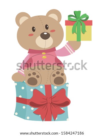 Season's greetings teddy bear vector cartoon. Cute teddy bear sitting on gift box vector illustration cartoon isolated on white background. Bear with present boxes. 