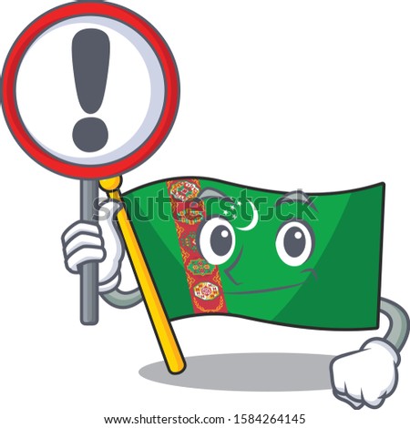 Cartoon style of flag turkmenistan with sign in his hand