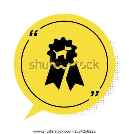 Black Dog award symbol icon isolated on white background. Medal with dog footprint as pets exhibition winner concept. Yellow speech bubble symbol. 