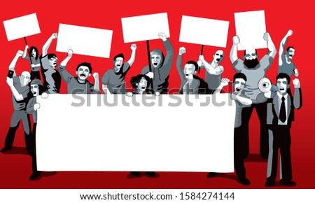 A group of protestors with mega phone, banner and signs. With solid colour background. Vector. Royalty-Free Stock Photo #1584274144