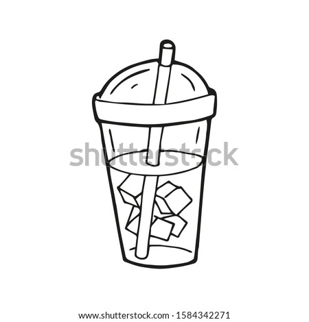 Hand drawn cold drink with ice or iced coffee takeaway cup. In doodle style, black outline isolated on a white background. Cute element for card, social media banner, stickers. Vector illustration.